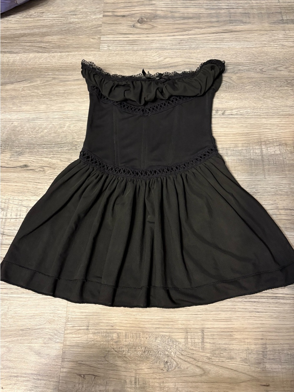 Black Strapless Ruffled Mini Dress with Crochet Trim